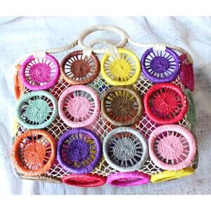 Hatattack Colorful Medallion Circle Basket Woven Straw Handbag Tote Purse